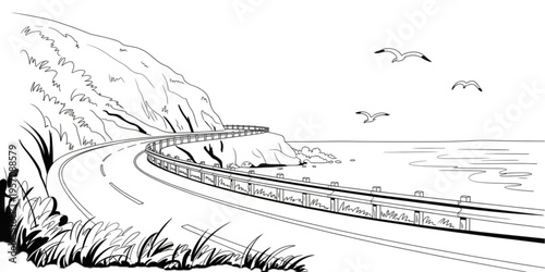 A winding coastal road following the cliffside edge with flying seagulls over the calm ocean water Vector