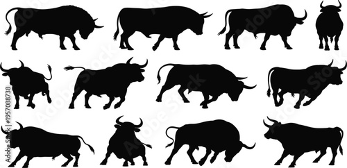 Dynamic collection of black bull silhouettes in various poses and actions icon