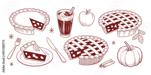 Set of hand drawn autumn pies with apple cider pumpkin and cinnamon sticks in a sketch style Vector