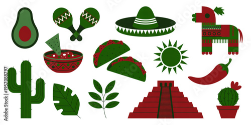 Collection of mexican cultural icons including food symbols and landmarks in a flat vector style Vector