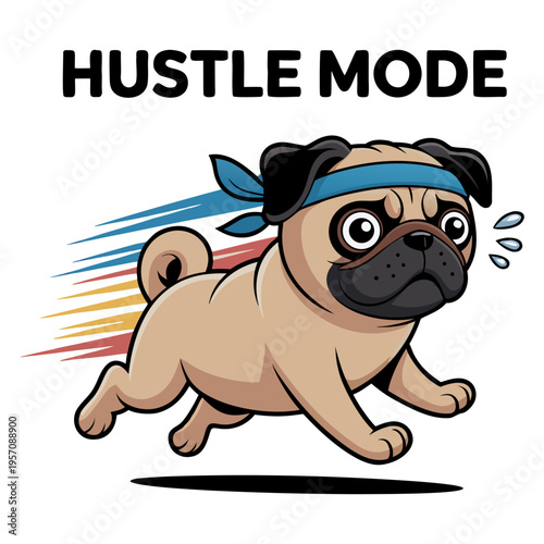 A cartoon illustration of a pug dog in a running pose with a determined expression, wearing a blue headband