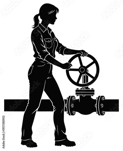 Female Industrial Worker Silhouette Operating a Large Pipeline Valve for Utility Maintenance with Transparent Background