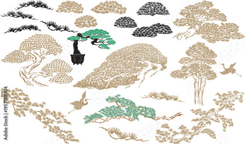 Bonsai Pine Tree with Flying Cranes, Elegant Oriental Zen illustration.