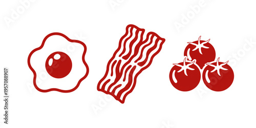 A red graphic illustration featuring a fried egg, a strip of crispy bacon and three fresh tomatoes Vector