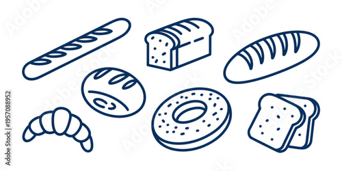 A collection of various baked goods including a baguette, loaf, croissant, bun, bagel and toast Vector