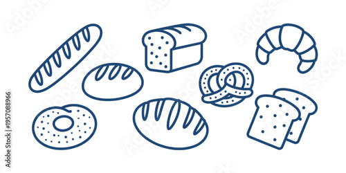 Collection of various baked bread products including baguette loaf croissant pretzel and bagel Vector