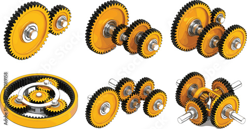 Isometric yellow gear mechanism collection featuring transmission systems planetary gears and mechanical engine engineering components vector.