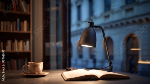 Cozy reading nook with a lamp illuminating an open book near a warm cup of coffee with a blurred view of a city outside at dusk