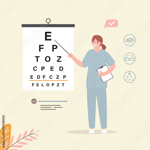 Ophthalmology, female eye specialist points to letters on classic Snellen eye chart with pointer while holding clipboard for notes. Importance of routine vision checkups.