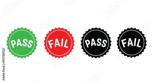 Four round badges with gear edges on a white background, labeled pass or fail in white text.