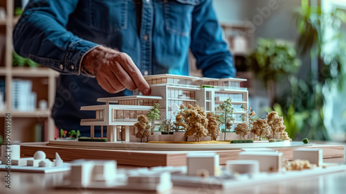 Businessman or architect showing new business office complex model on table