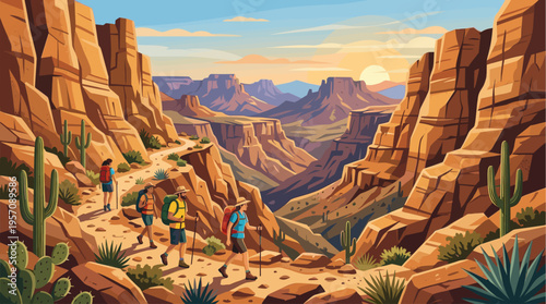 Stylized illustration of hikers with backpacks and poles walking a path through a vibrant desert canyon with cacti and distant mountains at sunset.