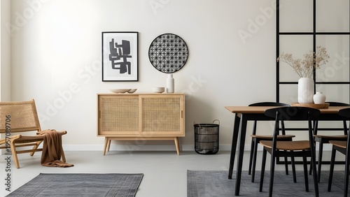 Modern dining and living space featuring a wooden sideboard with rattan doors and a dining table with black chairs in a bright minimalist home interior with concrete floor
