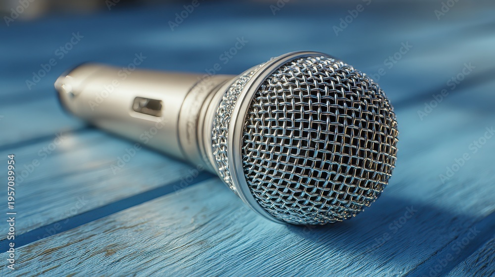 Obraz premium Detailed shot of a mic capsule on textured blue wood, with an empty area for copy