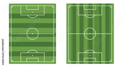 Two green soccer field diagrams with white markings on a plain white background, viewed from above in a graphic illustration.