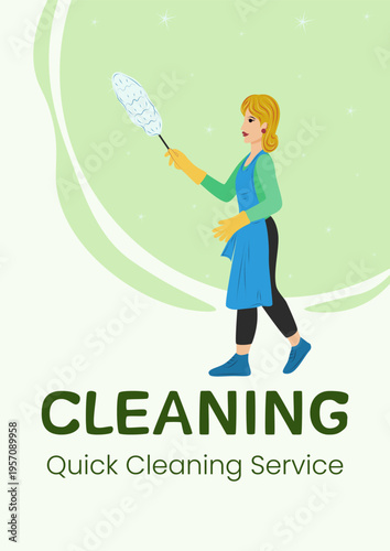 Vertical banner with cleaner holding duster. Professional cleaning service concept for ads, social media, mobile apps and business promotion design.