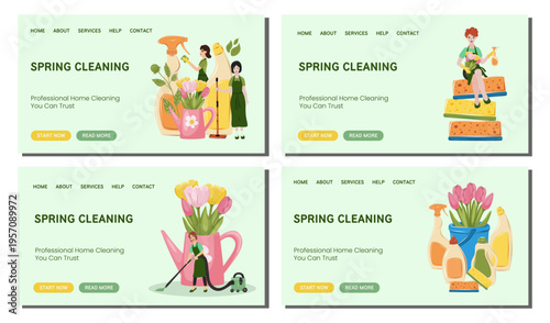 Set spring banners of cleaning service. Team of cleaners with equipment and flowers. Professional home and office housekipping.