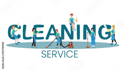 Cleaning service poster with workers and large lettering. Professional home cleaning concept, team service, housekeeping, banner for ads, website, promotion and business design.