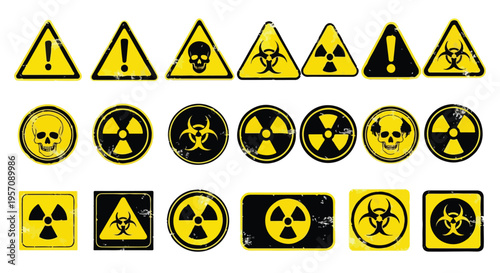 Collection of various radiation and warning signs on a white background, featuring triangular and circular symbols.