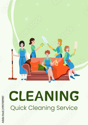 Vertical banner with cleaning team and sofa. Home cleaning service concept for social media, ads, mobile apps and promotional design.