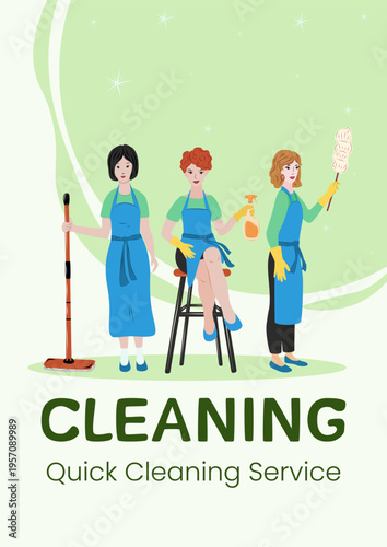Cleaning service poster with workers and tools. Professional house cleaning concept, hygiene and maintenance. Banner for business promotion, advertising and home service design.