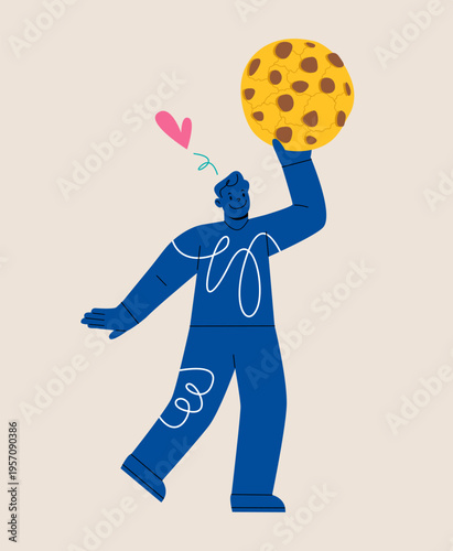 Man holding cookies in hand. Colorful vector illustration
