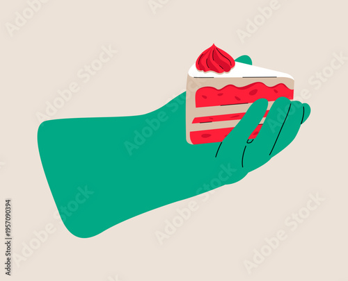Hand holding cake. Colorful vector illustration