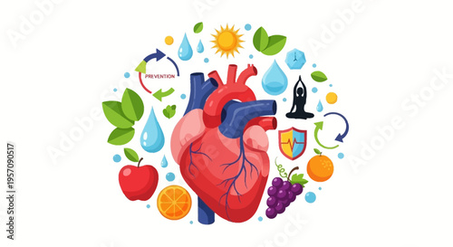 A vibrant illustration of a human heart surrounded by fruits, vegetables, and health-related icons on a white background, symbolizing World Health Day and healthy living.