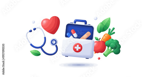 Vector illustration of a first aid kit with healthy food and medical symbols on a white background for World Health Day, representing health business and wellness.