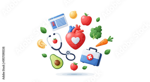 A colorful illustration for World Health Day featuring a stethoscope, healthy food, and medical icons on a clean background, promoting health and wellness with a vibrant design.