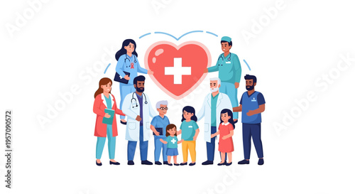 Illustration of a diverse group of people, including doctors and a family, standing around a large red heart with a white cross, symbolizing health and wellness on World Health Day against