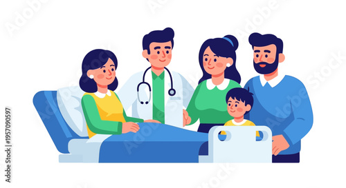 A family with a child in bed surrounded by a doctor and relatives on World Health Day, depicted in a colorful vector illustration with a clean background, conveying a health-focused theme.
