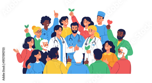 Illustration of diverse people celebrating World Health Day with a doctor and a green globe icon in the center, surrounded by colorful characters on a clean background.