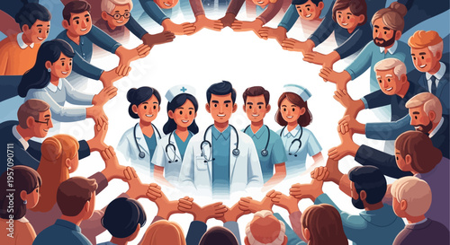 Illustration of diverse people forming a circle around medical professionals on World Health Day with a design background.