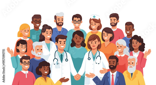 Illustration of diverse people and healthcare professionals standing together on World Health Day with a colorful design on a white background.