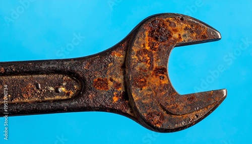 Rusted Wrench on Blue Background