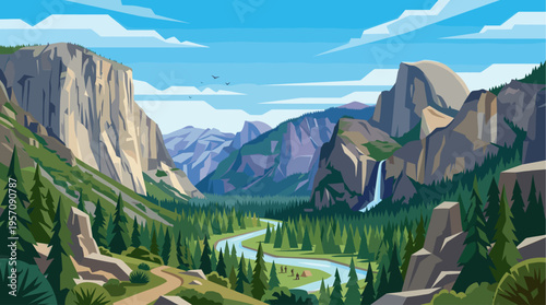 A stylized, vector illustration depicts a majestic mountain valley with a winding river flowing through a dense green forest, leading to a cascading waterfall.