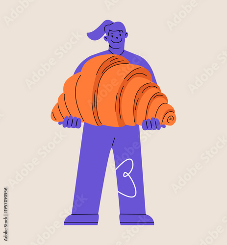 Woman holding croissant in hands. Colorful vector illustration