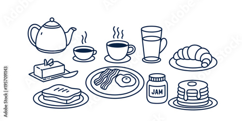 A collection of various breakfast food items including pancakes, bacon, eggs, coffee and pastries Vector