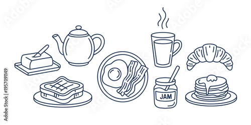 A collection of various breakfast food items including pancakes, bacon, eggs and tea in line art Vector