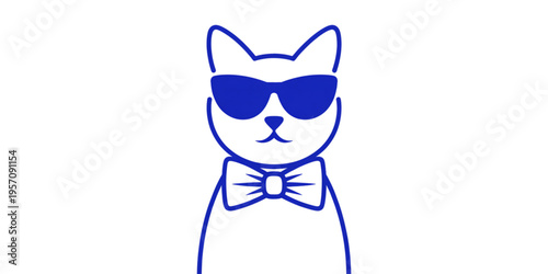 A stylized blue line art illustration of a cool cat wearing trendy sunglasses and a formal bowtie Vector