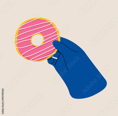Hand holding donut. Colorful vector illustration