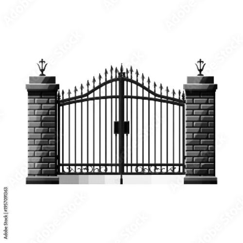 Monochrome halftone illustration of metal gate with brick pillars, decorative fence entrance, security and architecture concept, isolated on white background.