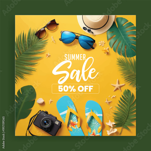 Summer beach party social media post design Summer sale advertisement on yellow background with flip flops black camera dark sunglasses straw hat tropical palm leaves monstera foliage and seashells