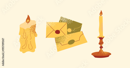 Vintage Stationery Vector Set Featuring Antique Envelopes with Wax Seals, Melting Beeswax Candle, and Elegant Brass Candlestick Holder in Retro Flat Illustration Style for Romantic Correspondence