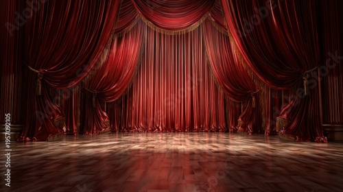 Red theater curtain covering an empty wooden stage. Classic scenery for theatrical performance, drama, concert or opera. Entertainment venue background for presentation and awards show.