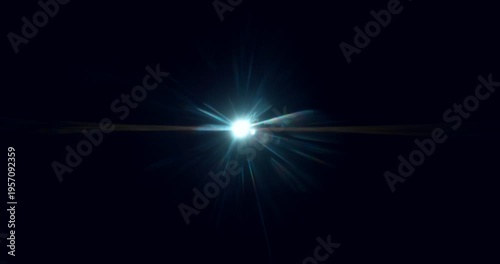 Anamorphic lens flare burst in slow motion, isolated on black background. Cinematic light streaks and optical reflections, ideal for VFX compositing, overlays, sci-fi transitions and film effects.