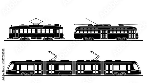 Modern and Vintage Tramcar Vector Set Side View Streetcar and Trolley Silhouettes for Urban Transit and Travel Branding