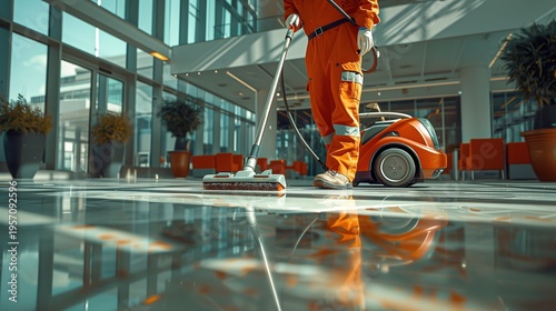 Wallpaper Mural Professional Janitor in Orange Uniform Operating Floor Scrubber in Glass Atrium Aesthetic Torontodigital.ca