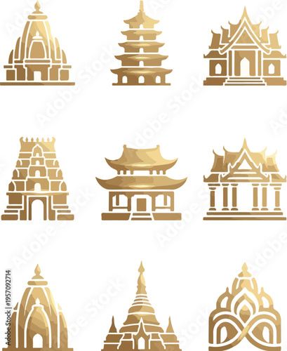 Collection of various golden architectural icons and monuments in a flat style on a white background.